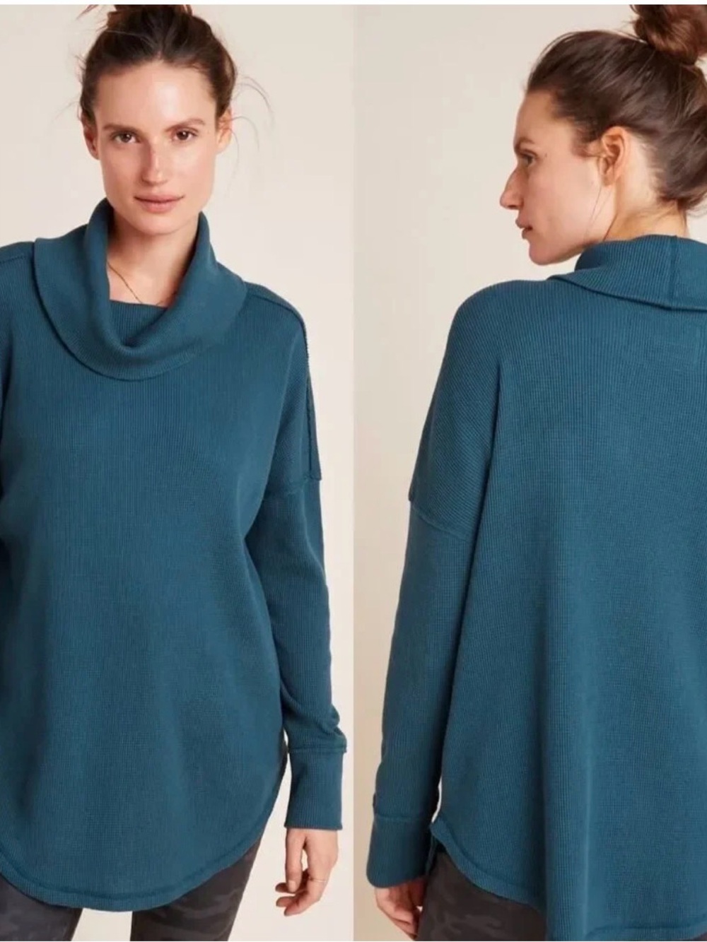 Maeve by Anthropologie Ainsley Thermal Cowl Neck Shirt Sweater Teal Blue